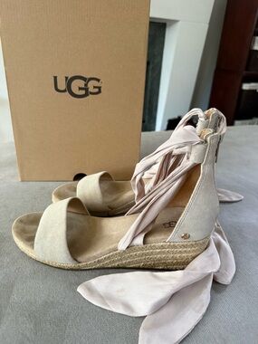 UGG Women's Pale Pink Suede Espadrille Wedge Sandals with Wrap Ties
